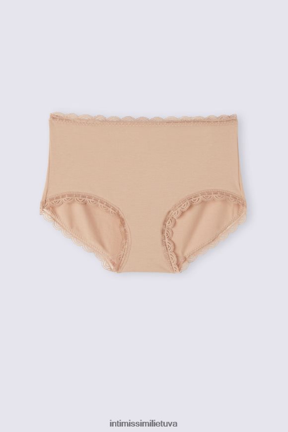 moterys švelnus smėlio spalvos medvilninės ir nėriniuotos prancūziškos kelnaitės aukštu juosmeniu Intimissimi apatinis trikotažas 248BPB918