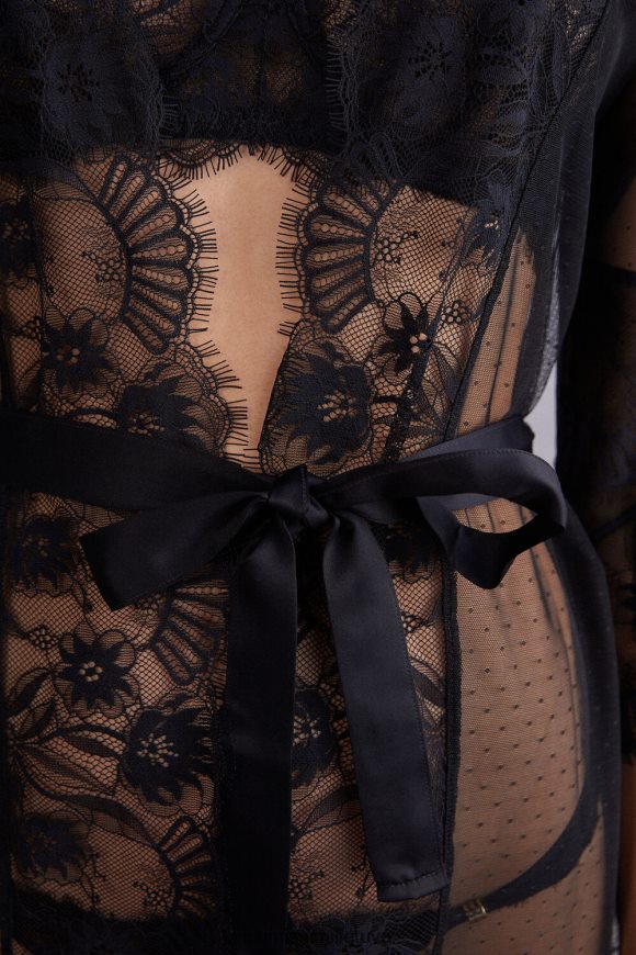 moterys juodas jausmingų gėlių plumetis tiulis ir nėriniuotas chalatas Intimissimi drabužiai 248BPB1498