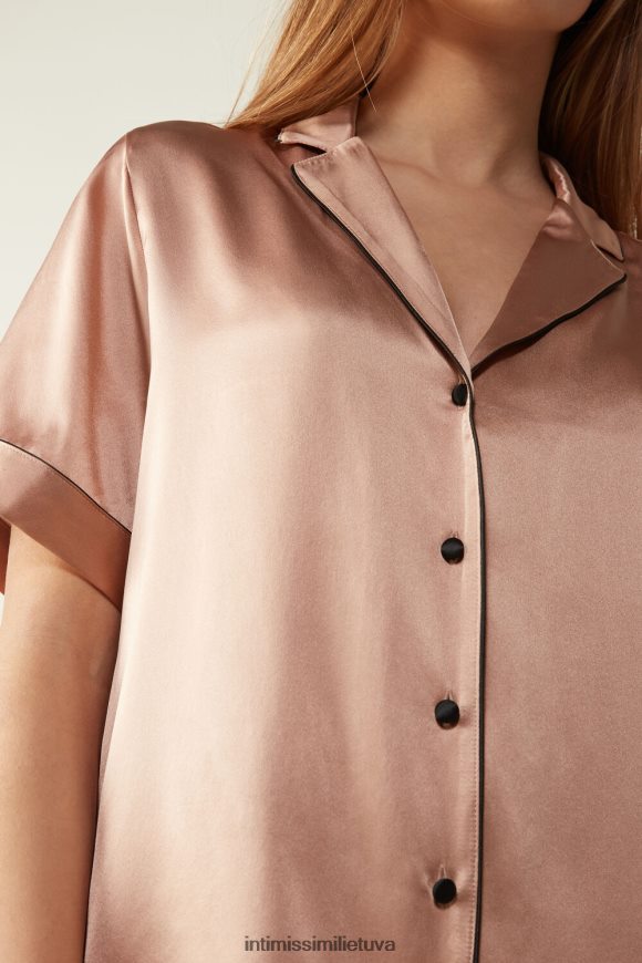 moterys satino rožinė satino marškiniai trumpomis rankovėmis su kontrastinga apdaila Intimissimi drabužiai 248BPB1645
