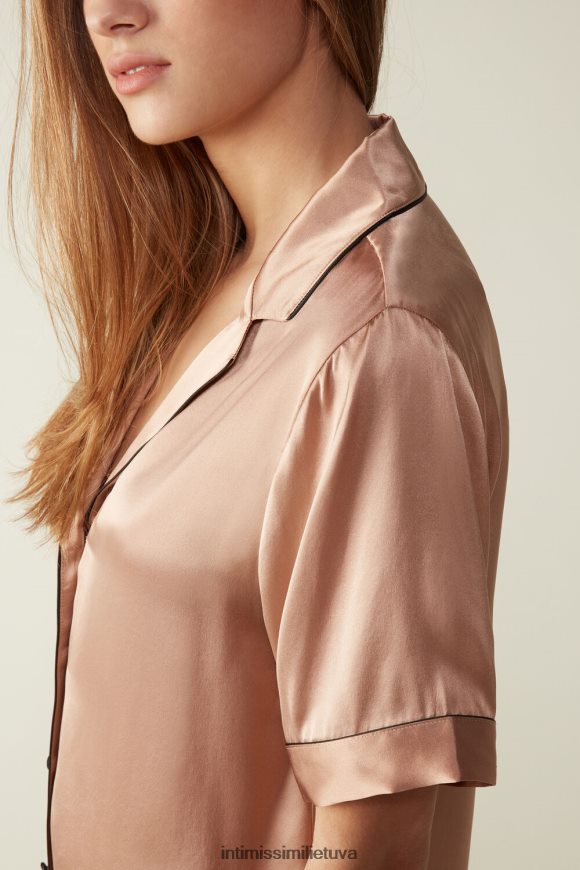 moterys satino rožinė satino marškiniai trumpomis rankovėmis su kontrastinga apdaila Intimissimi drabužiai 248BPB1645