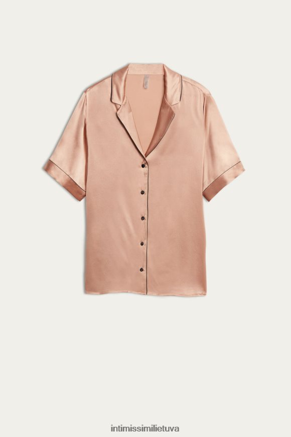 moterys satino rožinė satino marškiniai trumpomis rankovėmis su kontrastinga apdaila Intimissimi drabužiai 248BPB1645
