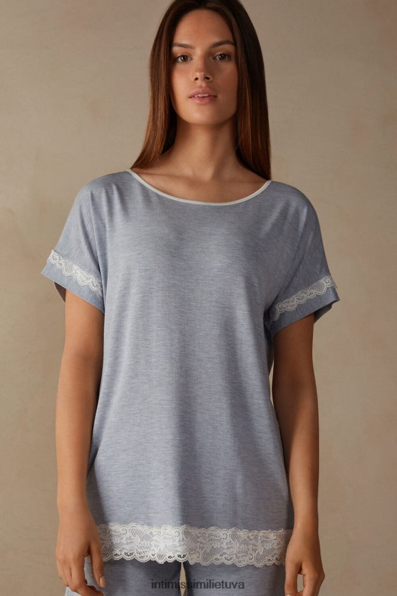 moterys šviesiai mėlynas melanžas trumpomis rankovėmis modalinis viršus su nėriniais Intimissimi drabužiai 248BPB1634