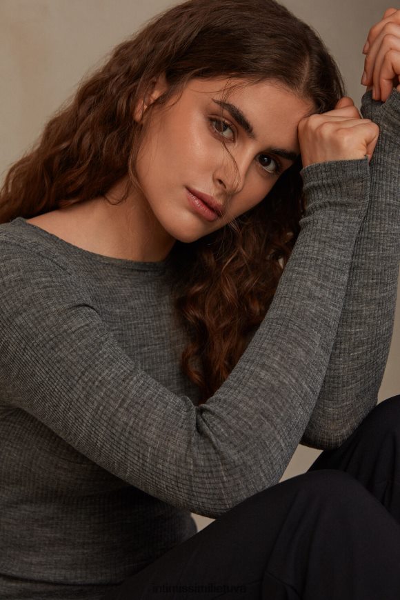 moterys aliuminio pilkos spalvos mišinys Vilnos ir šilko viršutinė dalis ilgomis rankovėmis su įtemptu kaklu Intimissimi drabužiai 248BPB1340