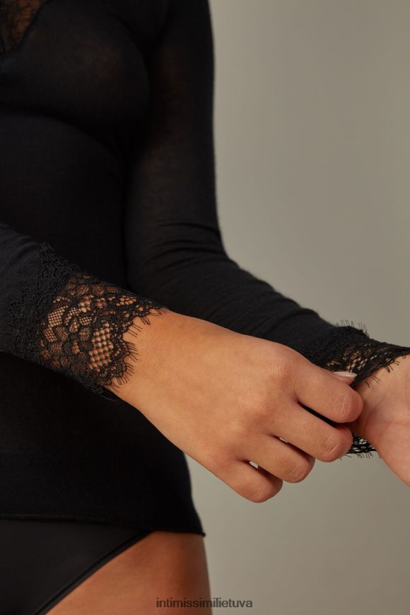 moterys juodas Modalinio kašmyro itin lengvi ilgi nėriniuoti marškiniai Intimissimi drabužiai 248BPB1429