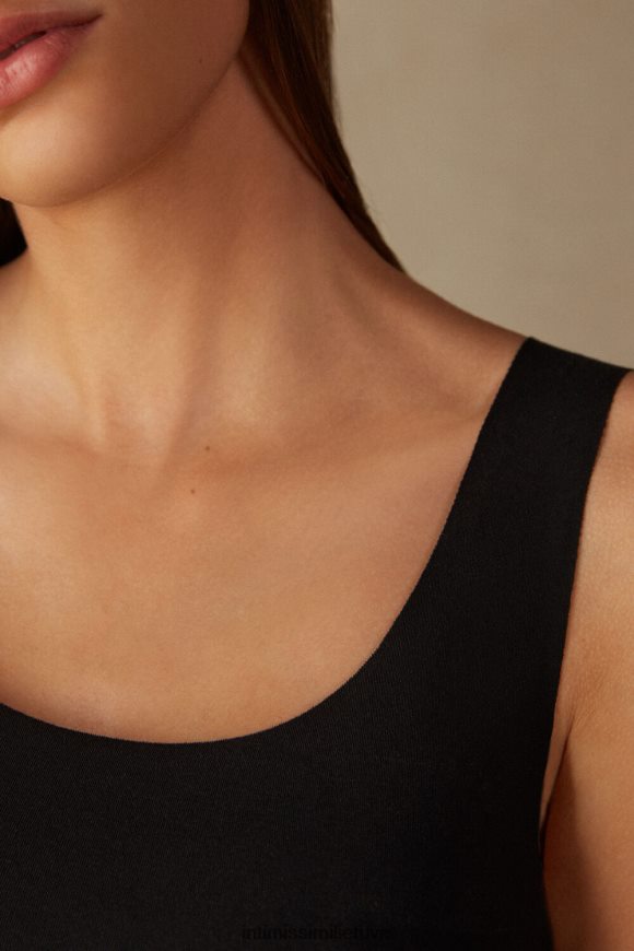 moterys juodas neapdoroto krašto apvalia kaklelio supima medvilninės liemenės viršus Intimissimi drabužiai 248BPB1466