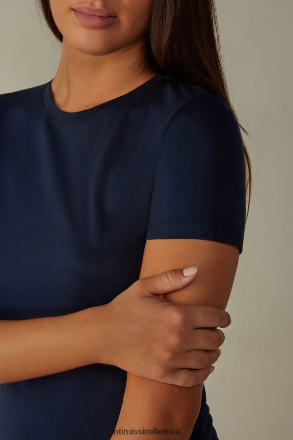 moterys intensyvi mėlyna marškinėliai trumpomis rankovėmis iš itin šviežios supimos medvilnės Intimissimi drabužiai 248BPB1434