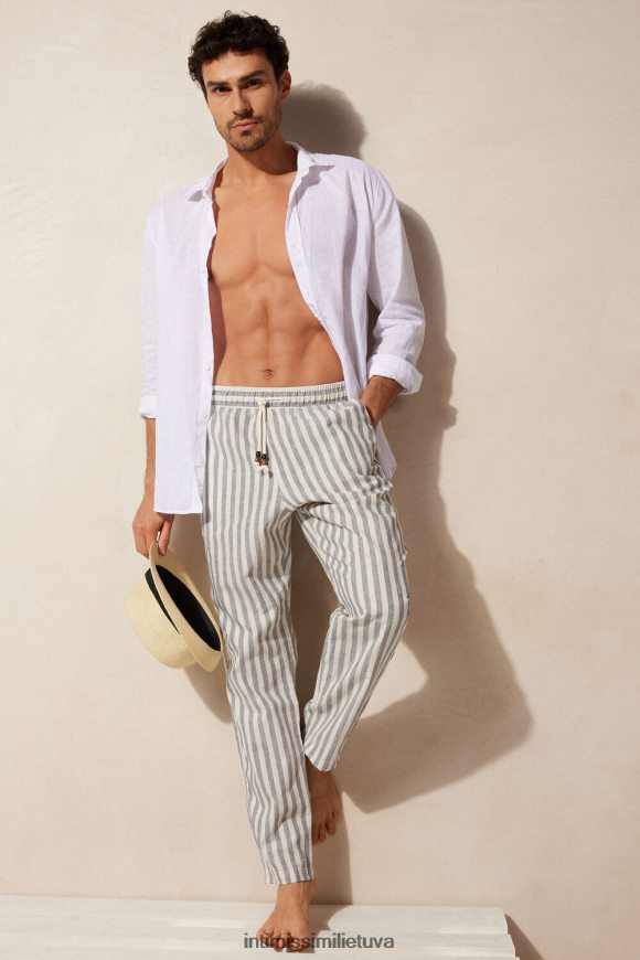 vyrų baltos lininės/mėlynos juostelės mėlynos dryžuotos lininės ir medvilnės kelnės Intimissimi drabužiai 248BPB177