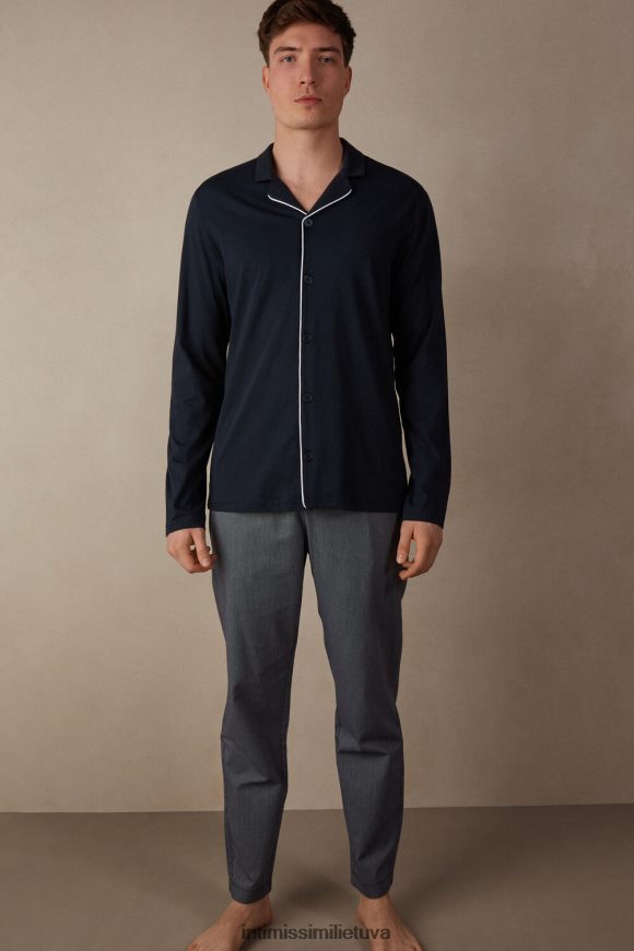 vyrų vidurnakčio mėlyna medvilninis rievėtas pique raštas atvira viso ilgio pižama Intimissimi drabužiai 248BPB300
