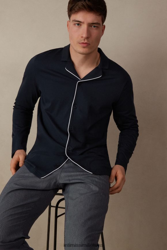 vyrų vidurnakčio mėlyna medvilninis rievėtas pique raštas atvira viso ilgio pižama Intimissimi drabužiai 248BPB300