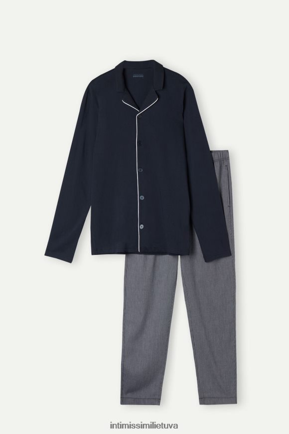 vyrų vidurnakčio mėlyna medvilninis rievėtas pique raštas atvira viso ilgio pižama Intimissimi drabužiai 248BPB300