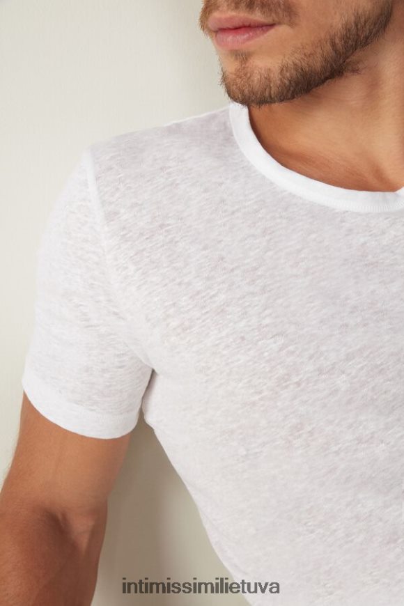 vyrų baltas lininiai marškinėliai trumpomis rankovėmis Intimissimi drabužiai 248BPB223