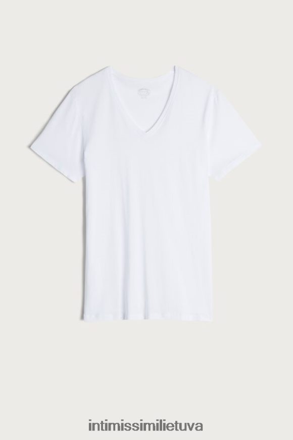 vyrų baltas marškinėliai trumpomis rankovėmis V formos iškirpte iš itin plonos supimos medvilnės Intimissimi drabužiai 248BPB291